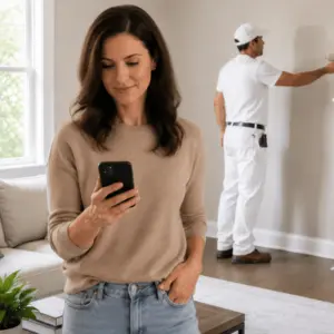 A homeowner checks her phone while a painter paints a living room wall in the background, representing interior painters near me for a trusted local painting project