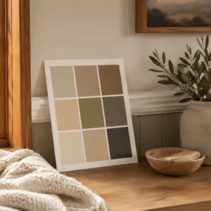 A warm neutral paint color sample board sits on a wooden surface beside home decor, showing color inspiration from interior painters near me