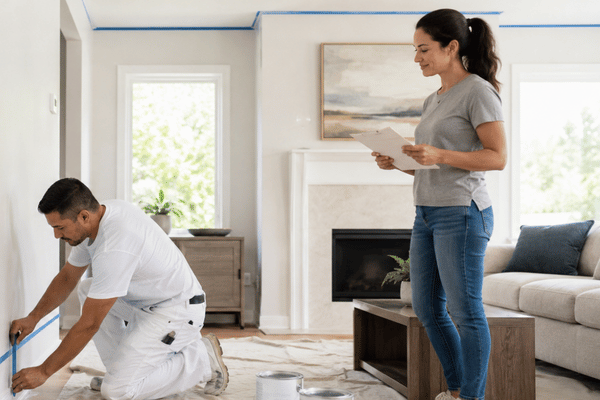 A professional painter tapes the baseboard while a homeowner reviews paperwork in a living room, showing interior painters near me preparing a home before painting