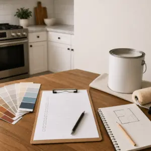 A kitchen table displays an interior paint estimate checklist with paint swatches, a paint can, a roller, and planning notes