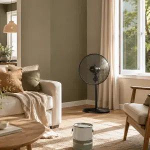A cozy living room shows fresh neutral paint, an open window, a fan, and supplies for an interior paint estimate project