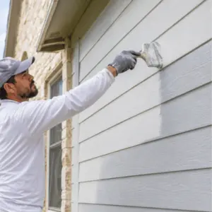 A professional painter uses a brush to apply fresh white paint to exterior siding, showing when is the best time to paint exterior of house walls under mild conditions