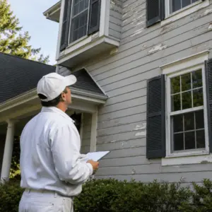 A professional painter inspects peeling siding on a two-story home while estimating the exterior house painting cost