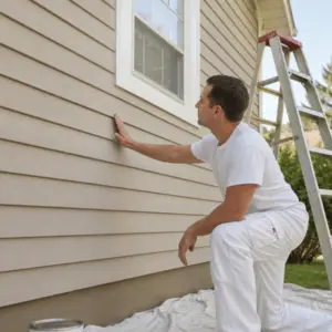 A painter checks the condition of exterior siding beside a ladder and drop cloth, highlighting what to inspect when is the best time to paint exterior of house surfaces