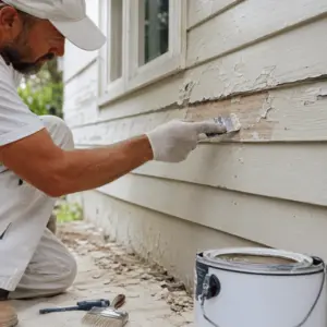 A professional painter scrapes loose paint from damaged siding as part of the preparation included in exterior house painting cost